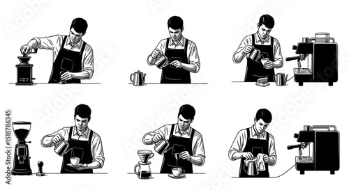 Barista Coffee Brewing Techniques: A detailed illustration showcasing a skilled barista meticulously preparing coffee using various methods, including pour-over, French press, and espresso machine.