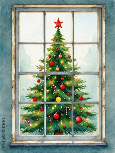 Decorated Christmas tree with red and gold ornaments, candy canes, and a red star on top, viewed through a window with frost and wintery background