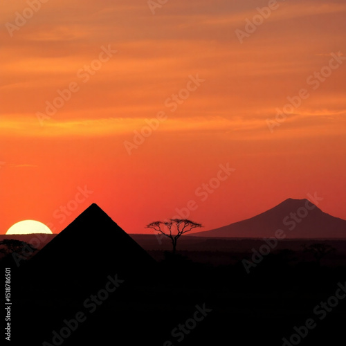 Sunset over african landscape with pyramid, mountain, and acacia tree silhouette photography image