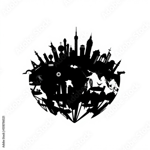 Globe skyline silhouette vector illustration of world famous landmarks and tourist attractions design 100
