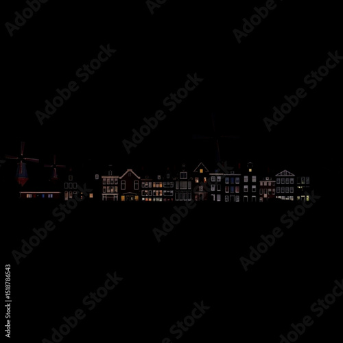 Nighttime cityscape of amsterdam netherlands with windmill and buildings silhouette cityscape illustration