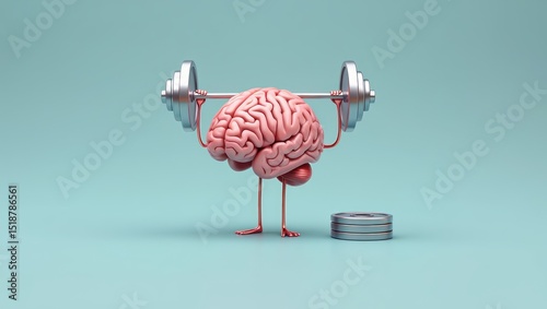 A cartoon human brain with thin arms and legs lifting a heavy barbell with extra weight plates on the ground, representing strength and mental fitness