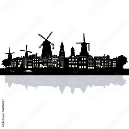 Silhouette of dutch cityscape with windmills and buildings reflected in water vector illustration art 100