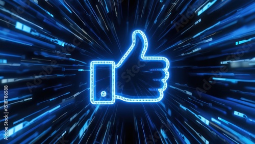 Glowing blue digital thumbs up icon with futuristic radial light streaks on dark background, symbolizing approval and positive feedback