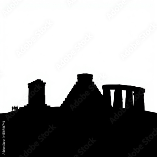 Explore ancient monuments mayan pyramid stonehenge and ruins in silhouette travel destination landscape art