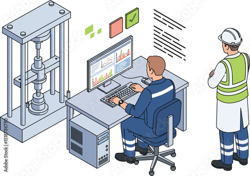 Engineers performing a steel test with industrial press machine while analyzing data for quality assurance and license certification in a high-standard facility