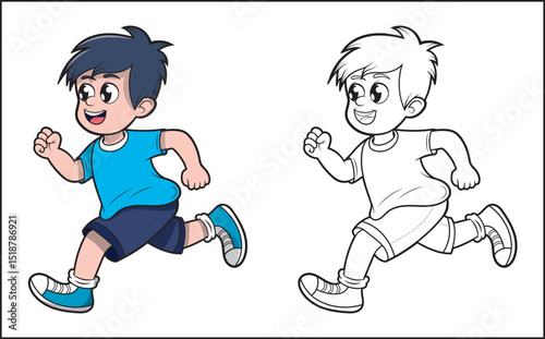 Joyful Running Boy: Capturing the dynamic energy of youth, a young boy joyfully runs, showcasing healthy activity in both colored and outline forms.
