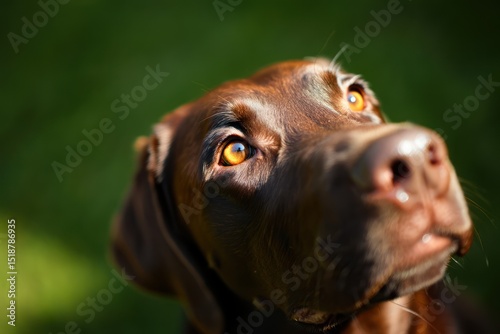close-up of a brown dog with expressive amber eyes looking upwards against a blurred green background conveying curiosity and attentiveness