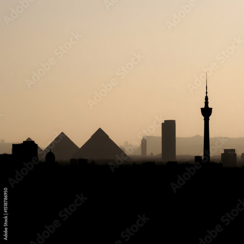Silhouette skyline of pyramids and tower architecture in the city landscape at dusk or dawn scenery view