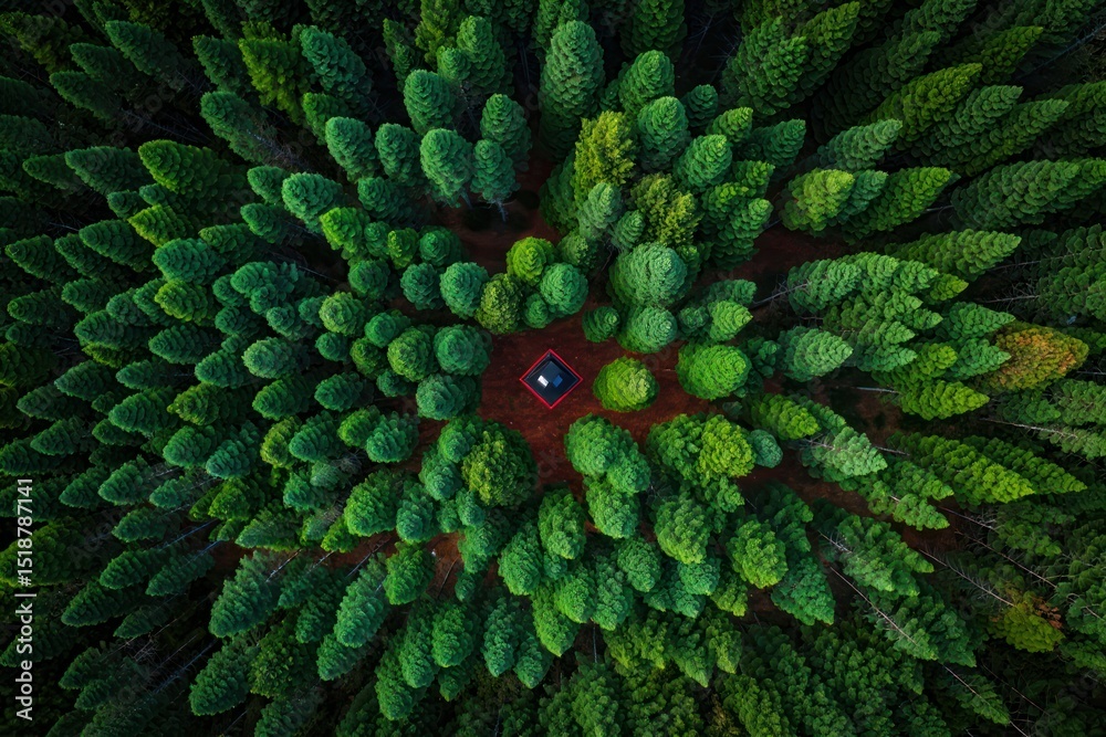 Obraz premium A solitary cabin surrounded by dense green pine trees captured from above, evoking a sense of isolation and peaceful nature retreat