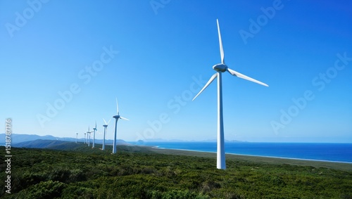 Wallpaper Mural Large row of white wind turbines on green coastal landscape with blue sky and ocean in the background under bright sunlight Torontodigital.ca