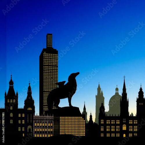 Cityscape silhouette with wolf statue at dusk urban landscape art illustration and architecture design