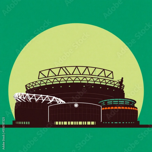 Illustration of a famous football stadium architecture with green background for sports fans and travel enthusiasts
