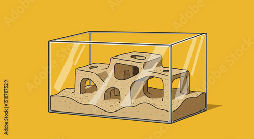 Ant farm inside transparent glass box with sand