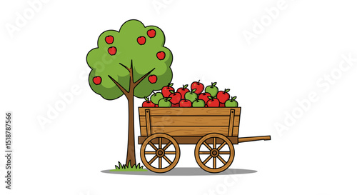Apple harvest in a wooden cart by tree