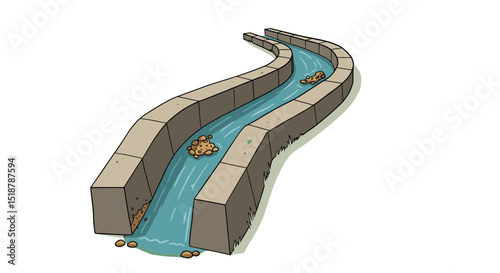 Aqueduct transporting water across green field cartoon