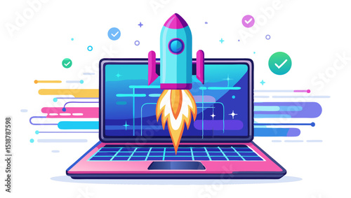 A vibrant illustration of a rocket launching from a laptop screen, surrounded by colorful abstract lines and checkmarks, symbolizing fast performance, startup, or quick digital solutions.