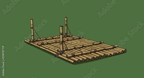 Bamboo raft floating on green background.