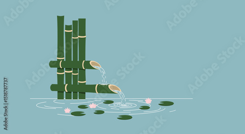 Bamboo water fountain with lily pads and flowers