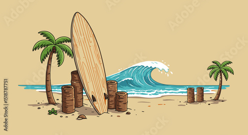 Beach with palm trees wave and surfboard scene