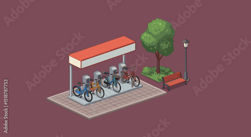 Bike sharing station with bench and tree