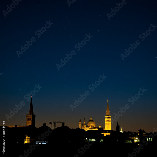 Night cityscape skyline silhouette with stars and illuminated buildings travel photography is beautiful 100
