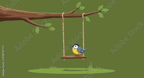 Bird on swing hanging from tree branch