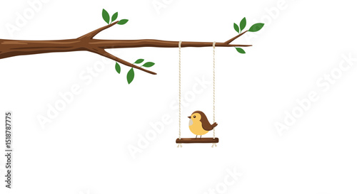 Bird on a swing hanging from tree branch