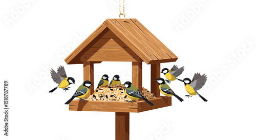 Birds eating seeds from a wooden birdhouse