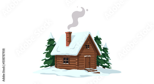 Cabin in snow with trees and smoke