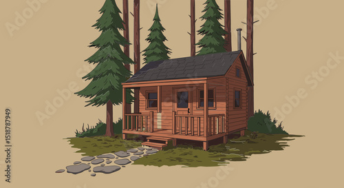 Cabin in the woods among tall trees