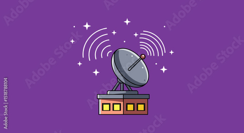 Cartoon satellite dish sending signals on purple background