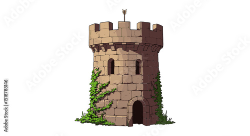 Castle tower with vine growing on stone bricks