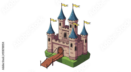 Castle with towers and drawbridge on a hill