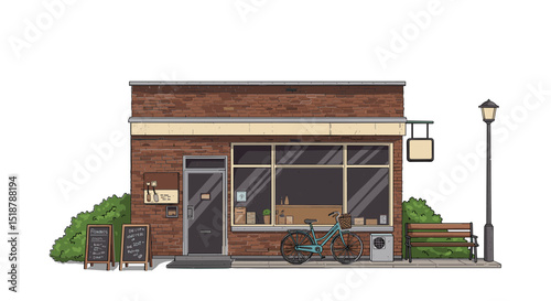 Charming storefront with bike and street bench