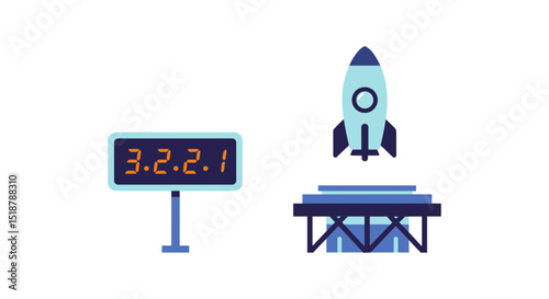 Countdown rocket launch, science technology flat style