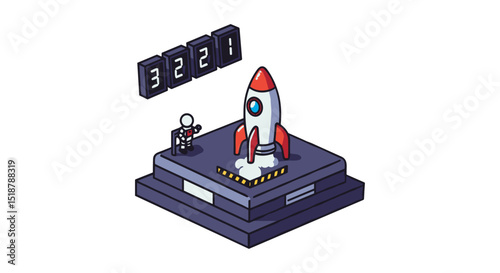 Countdown rocket ship launch with astronaut