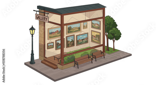 Cozy gallery exterior with paintings and benches