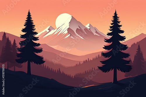 Sun setting behind snow-capped mountains with silhouettes of tall pine trees and layered forest hills under orange and pink sky
