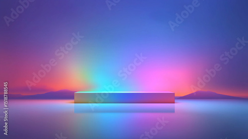 夕暮れの空とネオンライトが映える近未来的な建築空間の3Dアート