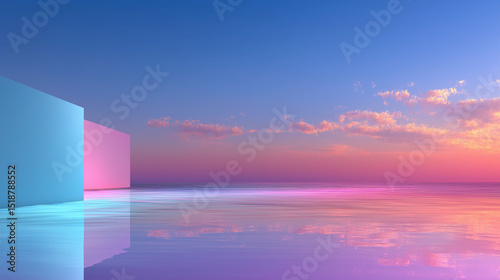 夕暮れの空とネオンライトが映える近未来的な建築空間の3Dアート