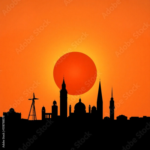 City skyline silhouette at sunset vector illustration with orange sky and buildings cityscape scene design 100
