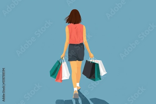 Person walking away carrying multiple shopping bags in both hands against a plain blue background