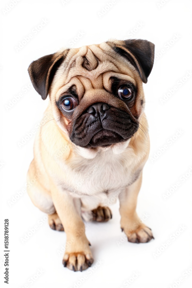 adorable small pug dog sitting and looking up with big expressive eyes on white background adorable small pug dog sitting and looking up with big expressive eyes on white background