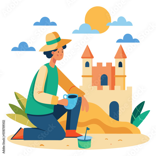 A flat design illustration of a relaxed person in a straw hat kneeling on a beach, holding a cup and admiring a sandcastle, with a bucket and spade nearby under a sunny sky with clouds.