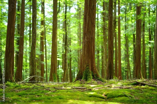 Bright green moss-covered forest floor with tall straight tree trunks and fresh green leaves overhead creating a peaceful natural environment