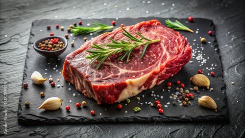 A succulent, raw ribeye steak rests on a dark stone slab, adorned with fresh rosemary sprigs, garlic cloves, and a medley of colorful peppercorns and sea salt, ready for grilling.