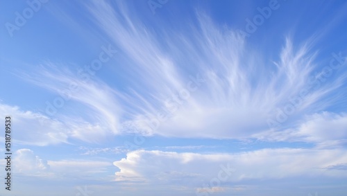 Expansive blue sky with delicate wispy white clouds stretching across the horizon in a serene and calm atmosphere