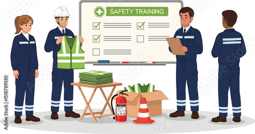 Industrial workers attending safety training session with instructor demonstrating high visibility vest and emergency equipment in classroom setting cartoon