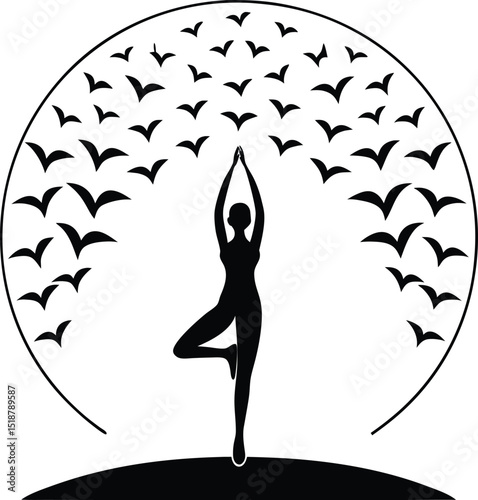 Silhouette of a woman in yoga pose surrounded by birds forming a circle on a white background
